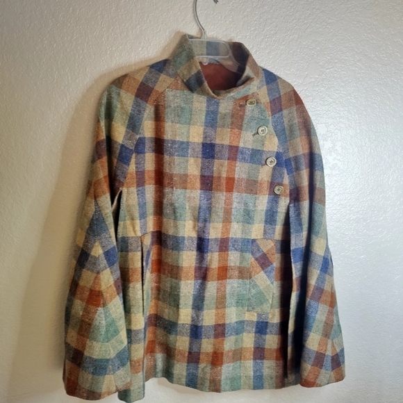 Hourihan 1960s Tweed Ireland wool Cape funnel collar buttons sz S/M - Picture 1 of 10